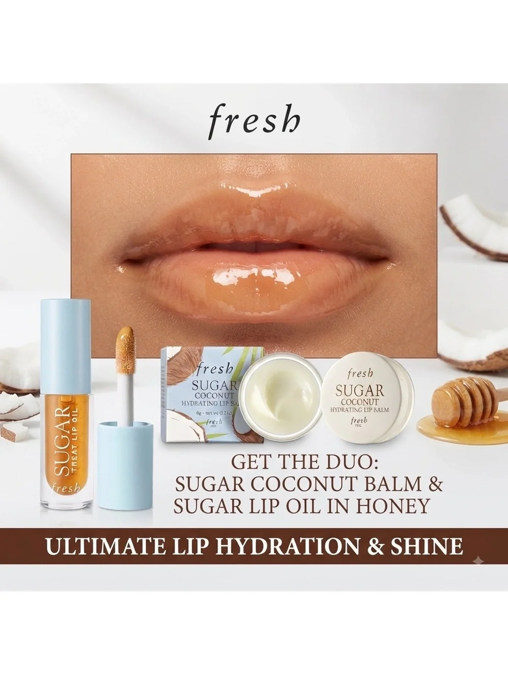 NEW Fresh Sugar Soft Lips Set • Coconut Lip Balm & Sugar Treat Lip Oil in Honey